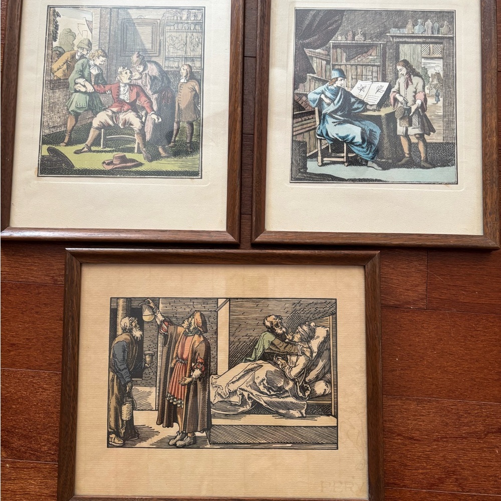 Vintage Art Print Set with Wooden Frames